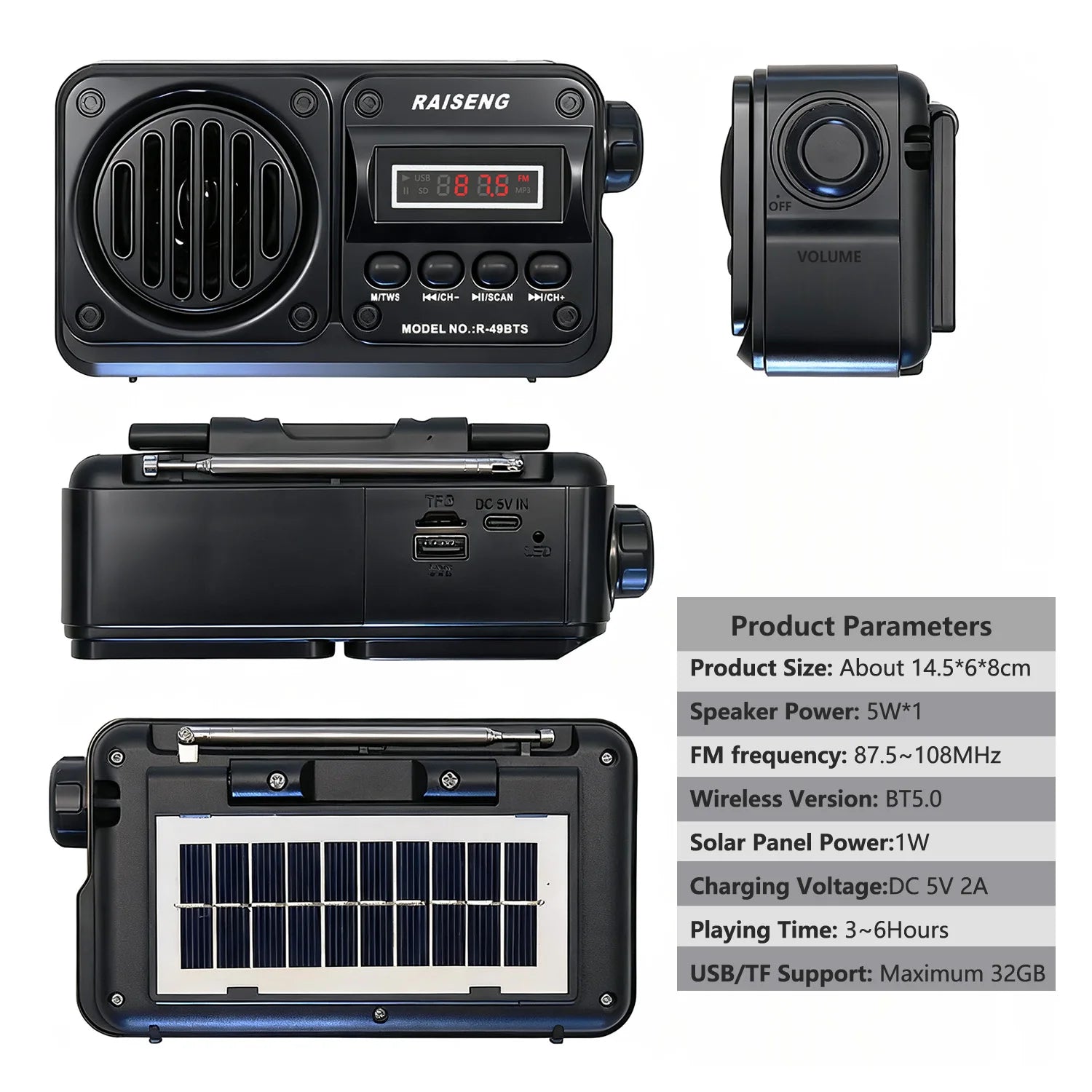 Portable Solar Bluetooth Speaker – FM Radio, USB/TF Player, Outdoor Wireless Speaker