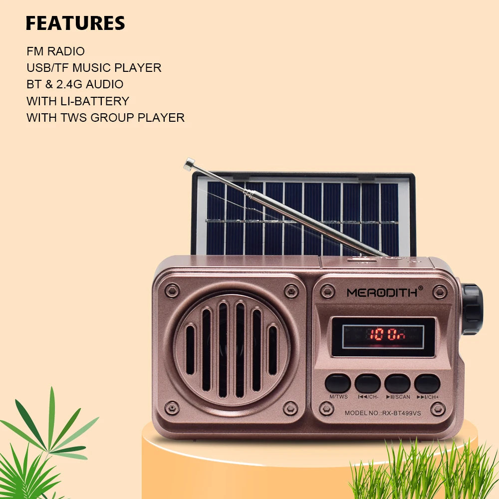 MD-499 Solar Bluetooth Speaker – FM Radio, MP3 Player, Emergency Power Radio