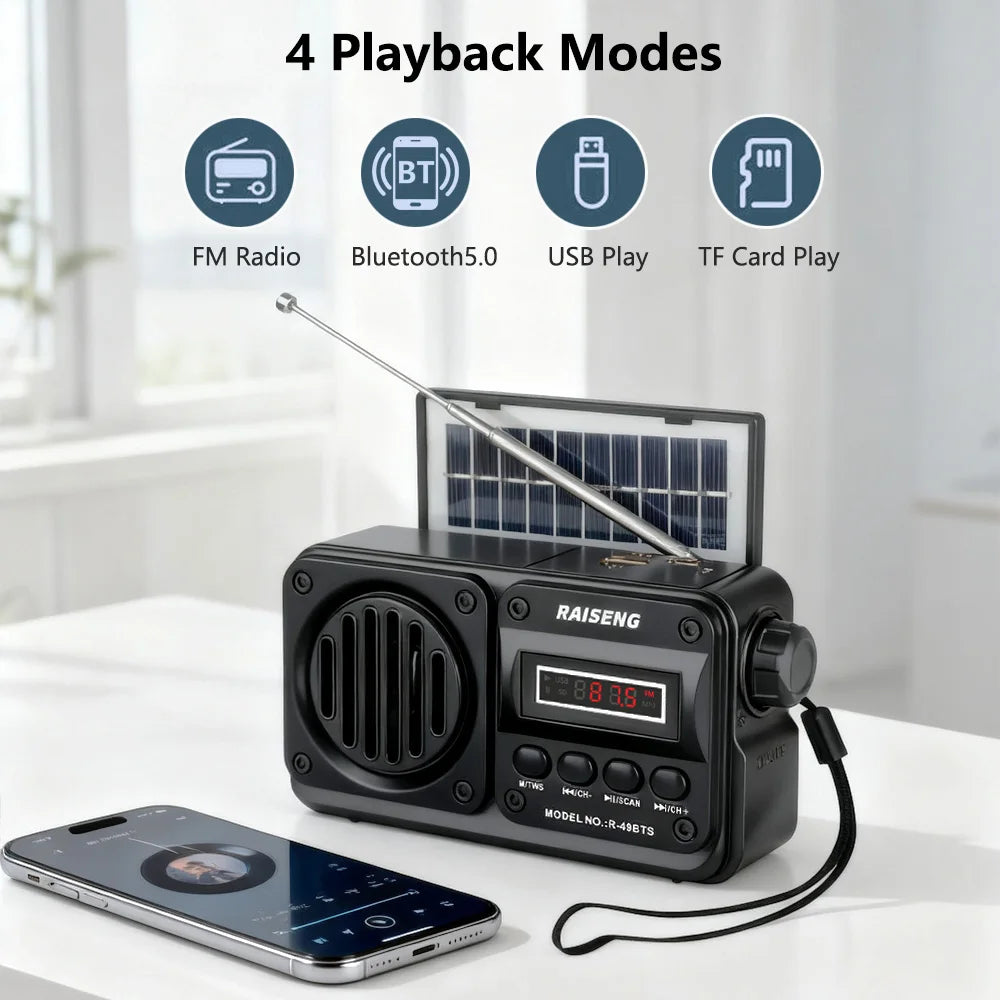 Portable Solar Bluetooth Speaker – FM Radio, USB/TF Player, Outdoor Wireless Speaker