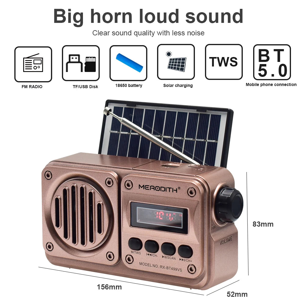 MD-499 Solar Bluetooth Speaker – FM Radio, MP3 Player, Emergency Power Radio